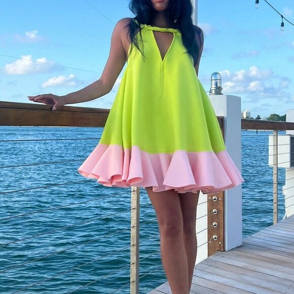 Green- pink elegant Women's Sleeveless Ruffle Hem Mini dress - Picture 8 of 10